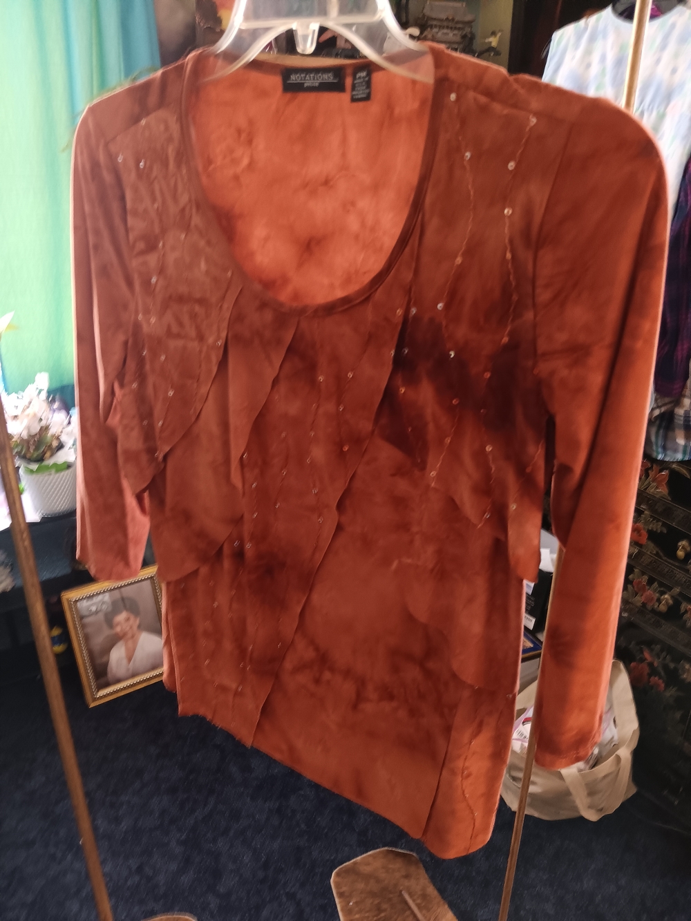 Notations Rust Orange Long Sleeve Ruffle Accent Top